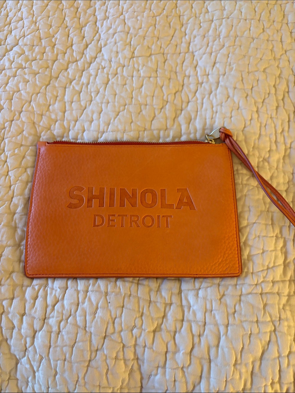 Shinola Orange Embossed Leather Large Wristlet Clutch
